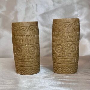 VTG Tiki Faces Carved Stone Set Of 2 Taper Candleholders 3.25” & 3.5” Tall Rare